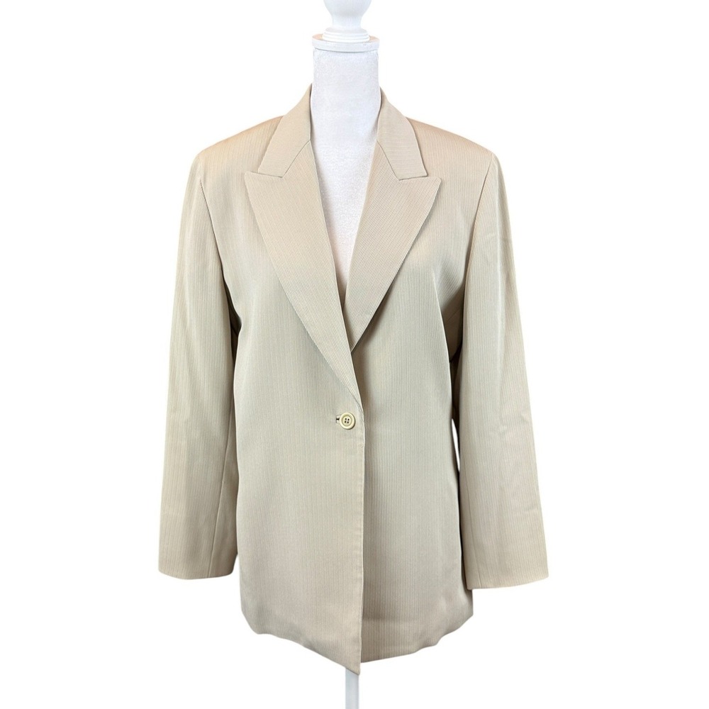 Garfield & Marks One Button Jacket Women 6 Beige Ribbed Peak Lapel Blazer USA